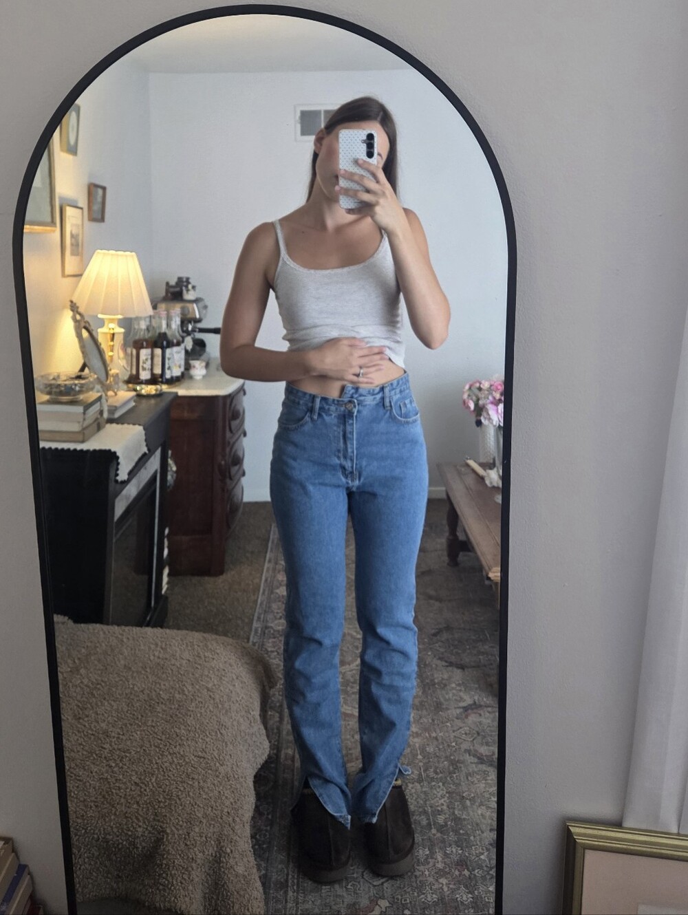 asymmetrical high-waisted blue jeans in a M